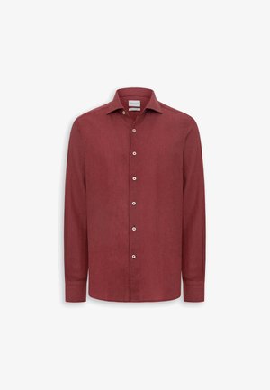 Herrenhemd mit langen Ärmeln und Knopfleiste in Dunkelrot, mit spitzem Kragen und weißen Knöpfen auf der Vorderseite.