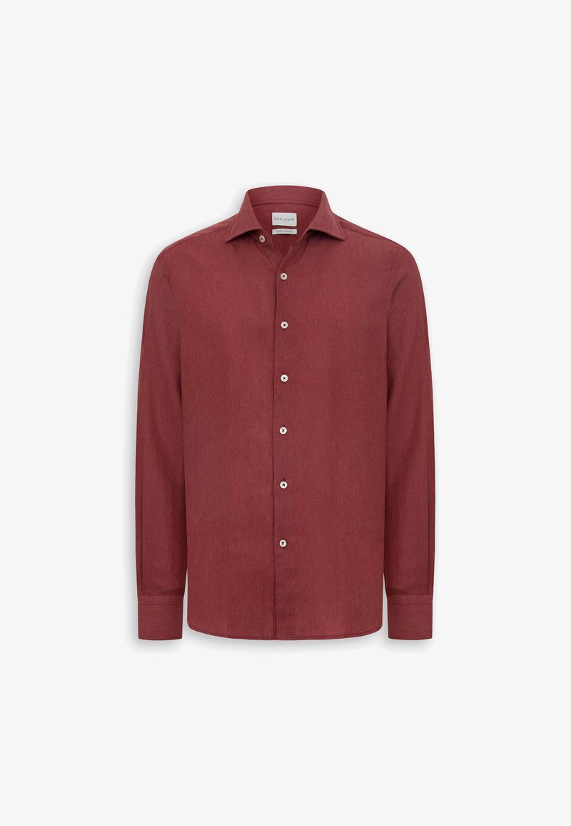 Herrenhemd mit langen Ärmeln und Knopfleiste in Dunkelrot, mit spitzem Kragen und weißen Knöpfen auf der Vorderseite.