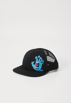 Black cap with blue graphic of a yelling hand on the front. Features a solid front panel and mesh back for ventilation. Flat brim design.