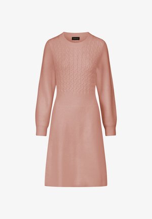 Knitted dress in soft rose color, featuring a textured cable-knit bodice, long sleeves, and a flared A-line silhouette.