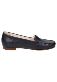 Marineblaue Lederloafers mit runder Zehenpartie, dekorativen Nähten auf dem Vorderblatt und einem niedrigen Gummihighheel. Glatte Textur und klassisches Design.