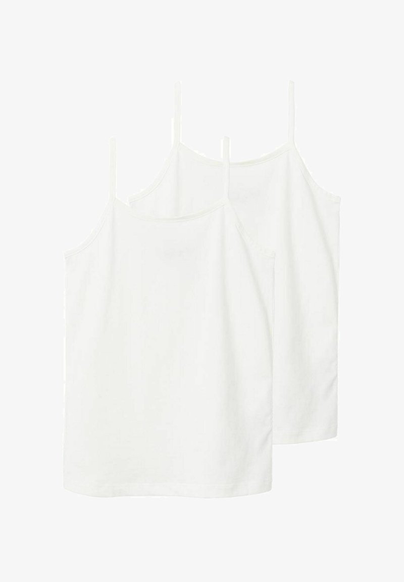 Two white cotton tank tops with thin straps, featuring a simple and smooth design, suitable for layering or casual wear.