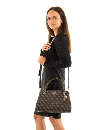 Borsa in tela marrone con motivo monogramma. Presenta manici doppi, una tracolla rimovibile e dettagli in metallo dorato.