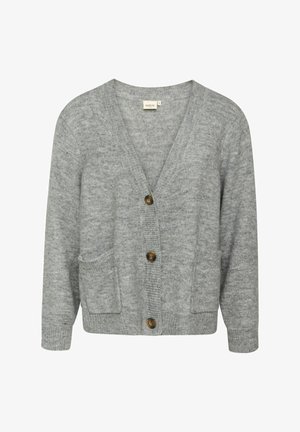 Szary kardigan z dekoltem w serek, długimi rękawami, trzema brązowymi guzikami i dwoma przednimi kieszeniami. Wykonany z miękkiego, teksturowanego dzianiny.