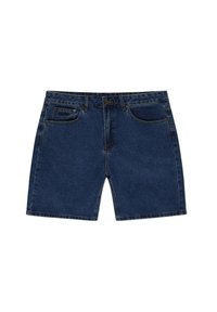 Jeansowe szorty w ciemnoniebieskim kolorze o klasycznym kroju, z pięcioma kieszeniami, z zamkiem błyskawicznym i delikatnymi efektami sprania na tkaninie.