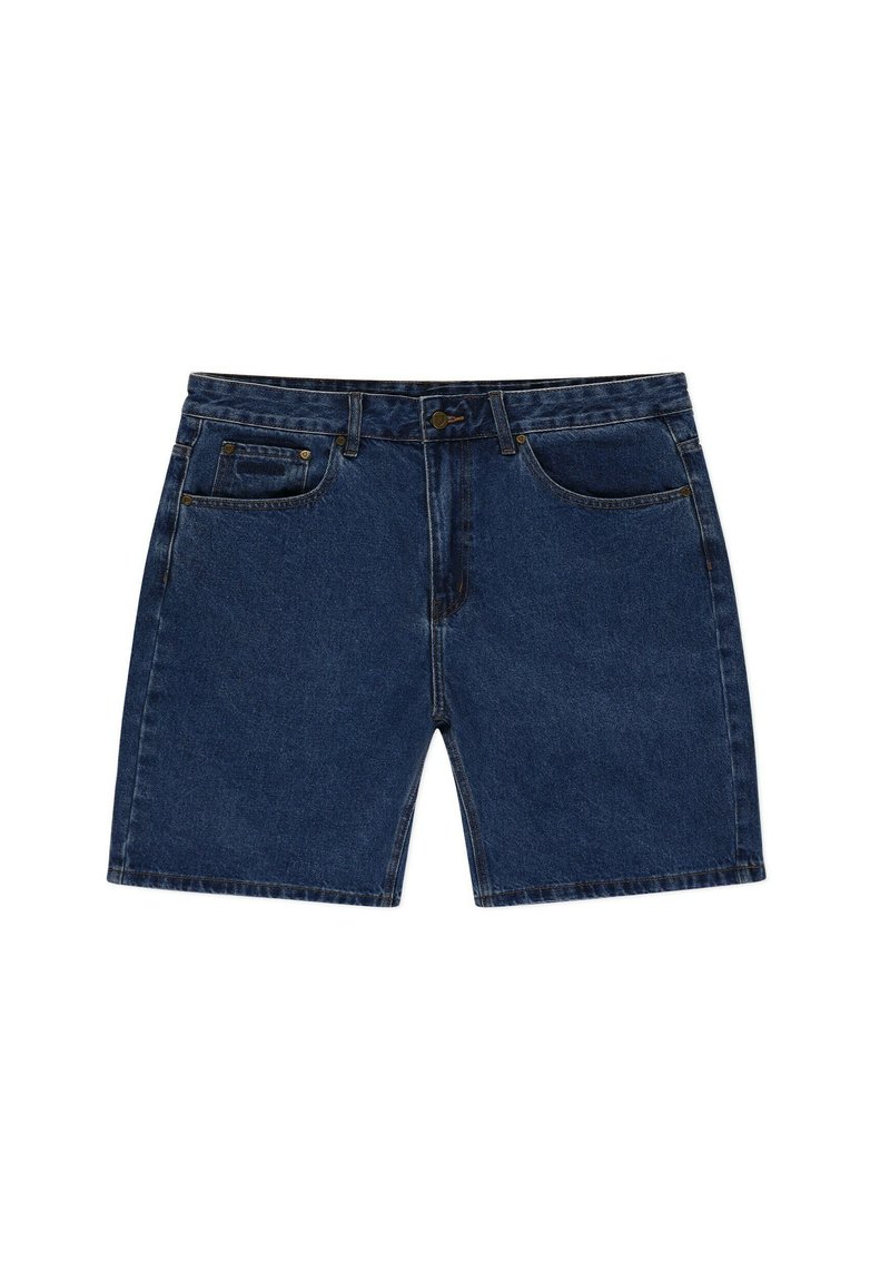 Jeansowe szorty w ciemnoniebieskim kolorze o klasycznym kroju, z pięcioma kieszeniami, z zamkiem błyskawicznym i delikatnymi efektami sprania na tkaninie.