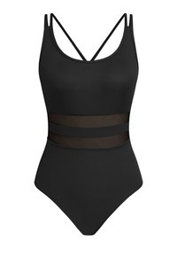Czarny, prążkowany jednoczęściowy kostium kąpielowy z podwójnymi cienkimi ramiączkami i dwoma poziomymi panelami z przezroczystej siateczki w okolicy talii.