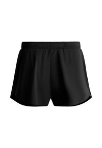 Shorts athlétiques noirs avec une taille élastique et un ourlet légèrement incurvé, conçus pour la course ou les activités sportives.