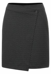 Zwarte rok met een getextureerd patroon van kleine witte vormen, met een zijsplit en een knoopaccent in de taille.