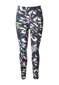 Multikleurige sportlegging met een glanzende afwerking, voorzien van een abstract patroon in zwart, groen, roze en wit. Hoge taille.
