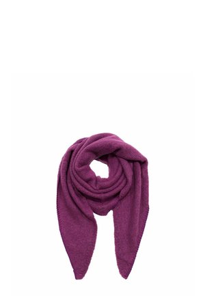 Soft, thick purple wool scarf folded with pointed ends, arranged in a loose loop against a white background.