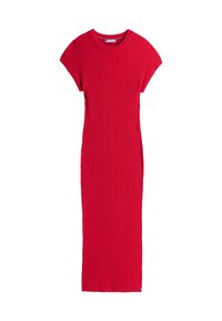 Abito a maglia a coste rosso con scollo rotondo e maniche corte. L'abito ha una silhouette aderente e arriva a metà polpaccio.