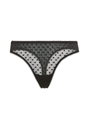 Zwarte kanten slip met stippenpatroon, voorzien van scalloped randen en een semi-transparant ontwerp. Lichtgewicht en delicate textuur.