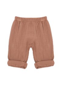 Braune, strukturierte Stoffshorts mit elastischem Bund und umgeschlagenen Säumen, die einen lockeren Sitz und ein atmungsaktives Design aufweisen.