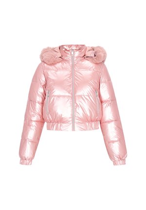 Giacca puffer corta in materiale rosa lucido con cappuccio in pelliccia sintetica. Presenta chiusura con zip e due tasche laterali con dettagli in argento.