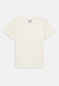 Λευκό κοντομάνικο T-shirt με στρογγυλή λαιμόκοψη και κεντημένο λογότυπο "Champion" στο κέντρο του στήθους.