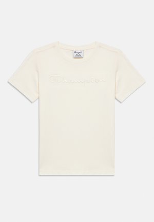 Fehérneműszerű rövid ujjú póló kerek nyakkivágással, a mellkas közepén hímzett "Champion" logóval.