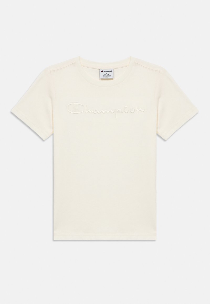 Λευκό κοντομάνικο T-shirt με στρογγυλή λαιμόκοψη και κεντημένο λογότυπο "Champion" στο κέντρο του στήθους.