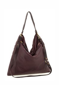 Borsa a tracolla in pelle borgogna con un design morbido, doppi manici, apertura con cerniera singola e dettagli in metallo dorato.