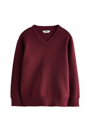 Maglione borgogna a maglia con scollo a V e polsini a costine. Presenta un logo discreto sulla parte anteriore inferiore. Tessuto morbido e vestibilità classica.