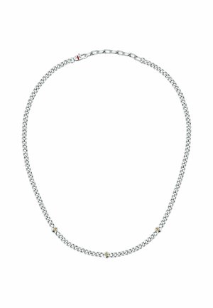 Collana in argento con design a maglie piatte e tre dettagli dorati. Texture liscia con chiusura a moschettone.