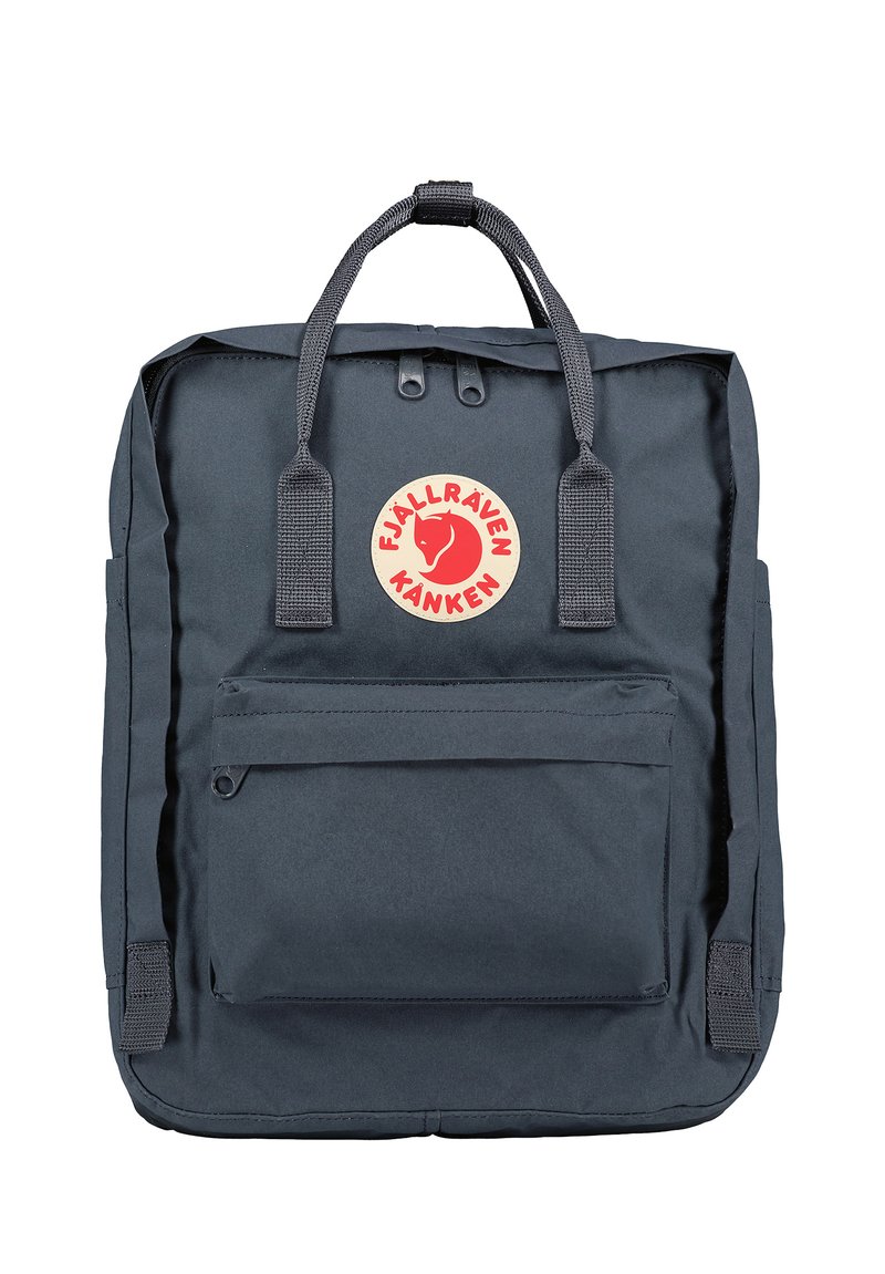 Dark blue Fjällräven Kanken backpack with a rectangular shape, top handles, front zip pocket, and a circular logo in red and beige.
