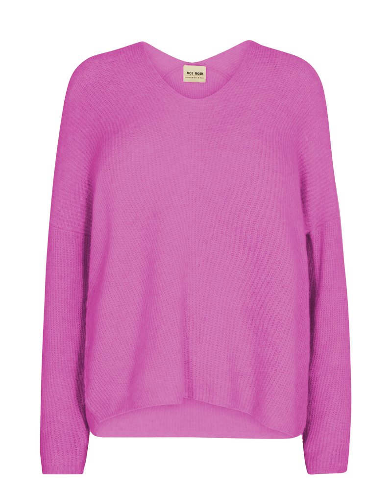 Pluizige gebreide trui in felroze met een V-hals, losse pasvorm en lange mouwen; textuurstof met een licht gebogen zoom.