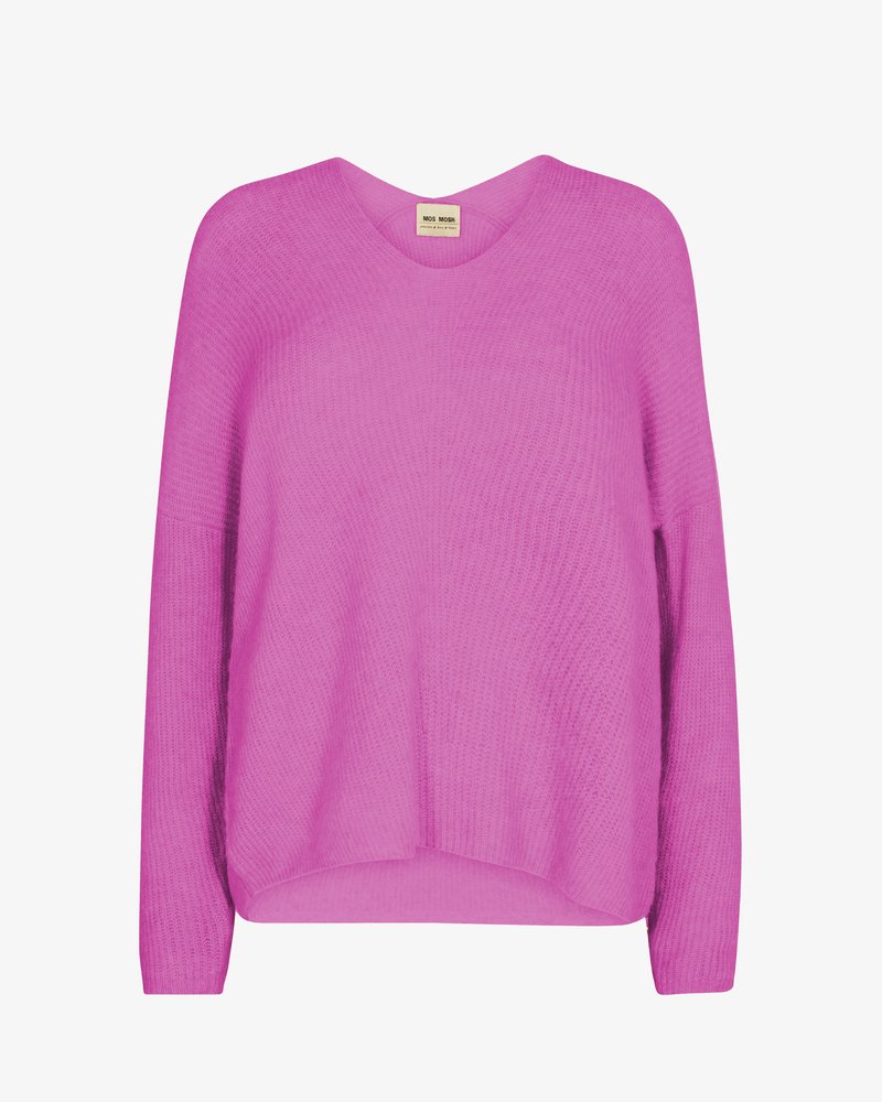 Fuzzy knit pullover sweater in bright pink with a V-neck, loose fit, and long sleeves; textured fabric with a slightly curved hem.