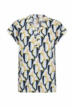 Korte mouwen blouse met abstract geometrisch patroon in blauw, beige, groen en zwart, voorzien van een V-hals met een knoopsluiting.