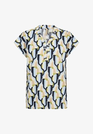 Korte mouwen blouse met abstract geometrisch patroon in blauw, beige, groen en zwart, voorzien van een V-hals met een knoopsluiting.