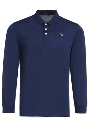 Langärmliges navy-blaues Polohemd aus glattem Stoff, mit einer Knopfleiste mit drei Knöpfen und einem kleinen Logo in der oberen linken Ecke.