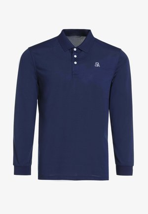 Langärmliges navy-blaues Polohemd aus glattem Stoff, mit einer Knopfleiste mit drei Knöpfen und einem kleinen Logo in der oberen linken Ecke.