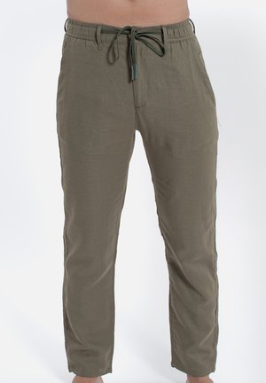 Pantaloni jogger in lino verde oliva con vita elastica, coulisse regolabile, tasche laterali e design a gamba affusolata.