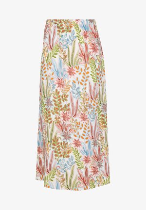 Jupe midi florale en tissu léger avec un motif coloré de feuilles et de fleurs en rose, bleu, vert et orange sur un fond blanc.