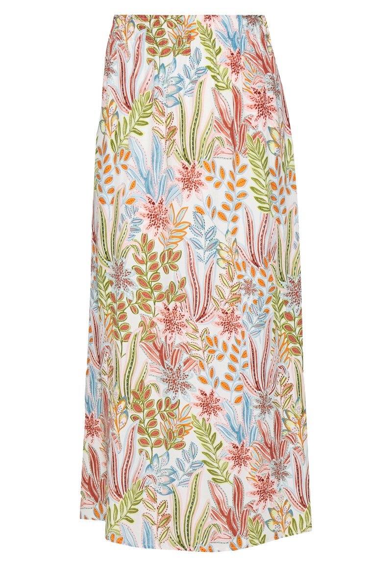 Blomster midi nederdel i let stof med et farverigt mønster af blade og blomster i pink, blå, grøn og orange på en hvid baggrund.