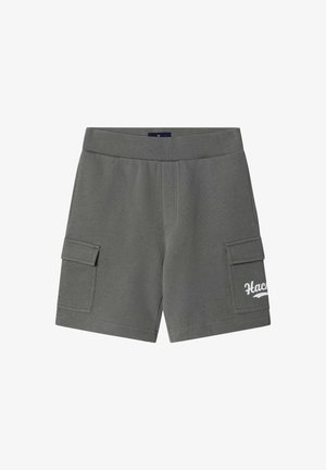 Graue Freizeithosen mit elastischem Bund, Klappentaschen auf beiden Seiten und weißem Teiltext auf der rechten Tasche.