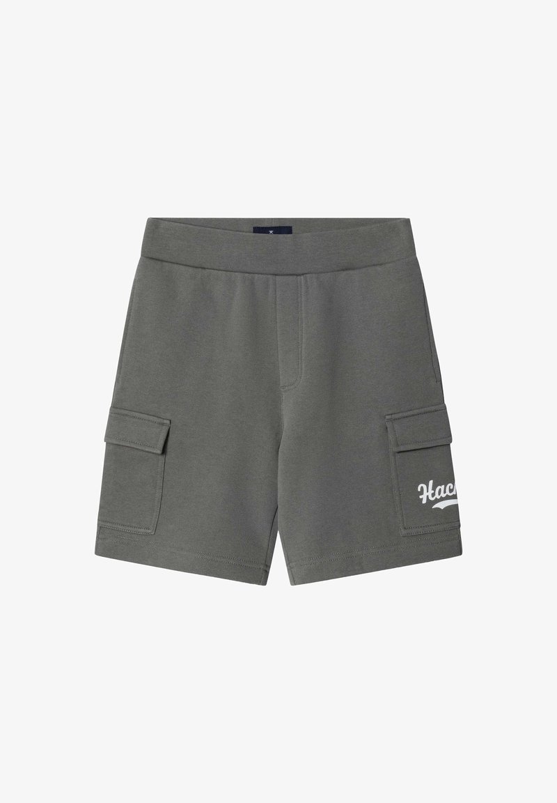 Graue Freizeithosen mit elastischem Bund, Klappentaschen auf beiden Seiten und weißem Teiltext auf der rechten Tasche.