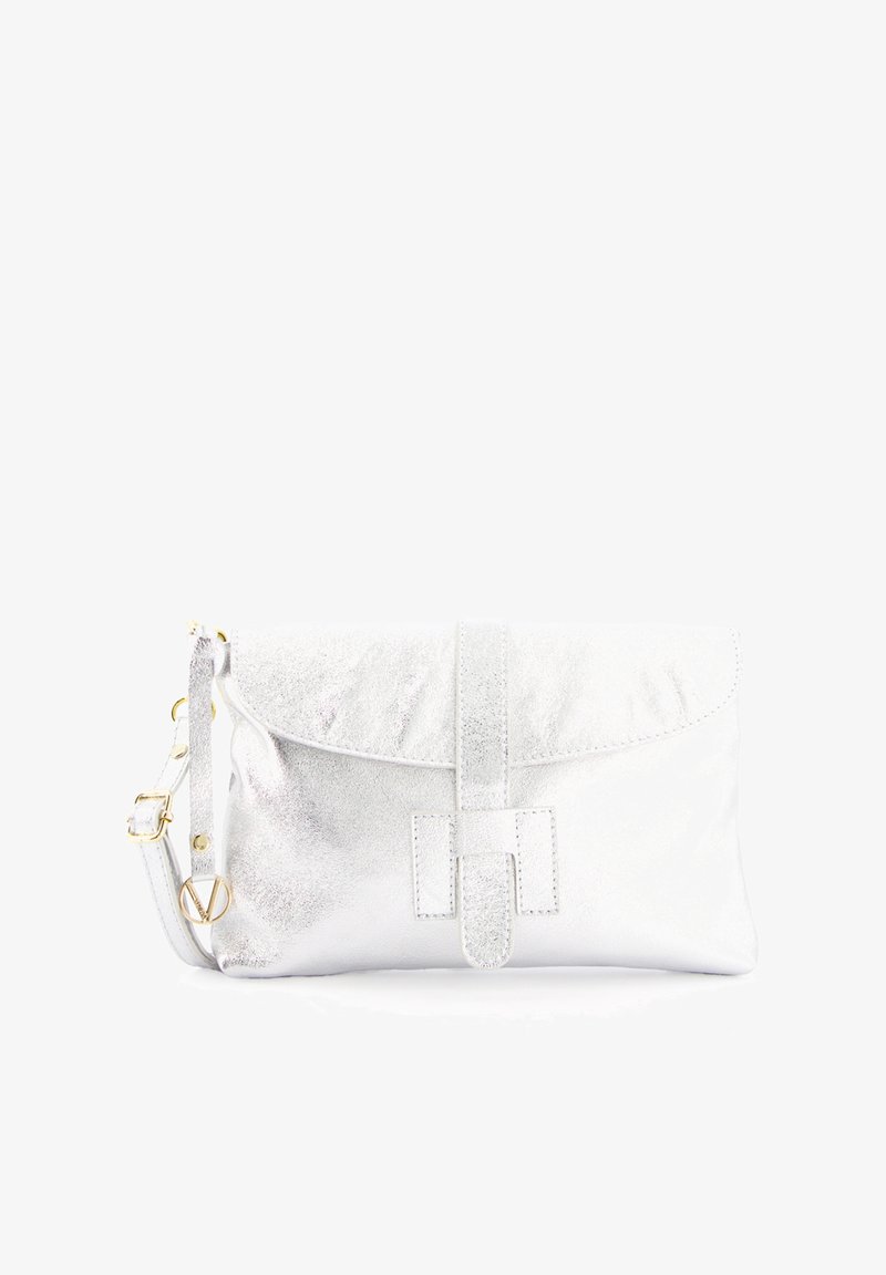 Silver metallic clutch bag with a flap closure, smooth texture, a decorative strap accent, and an adjustable shoulder strap.