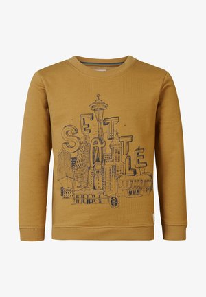 Bluza w kolorze musztardowym z granatowym szkicem panoramy Seattle i dużymi blokowymi literami tworzącymi napis "SEATTLE" na tle budynków.