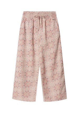 Wijde broek met elastische taille en trekkoord, met een ingewikkeld bloem- en geometrisch patroon in roze en beige.