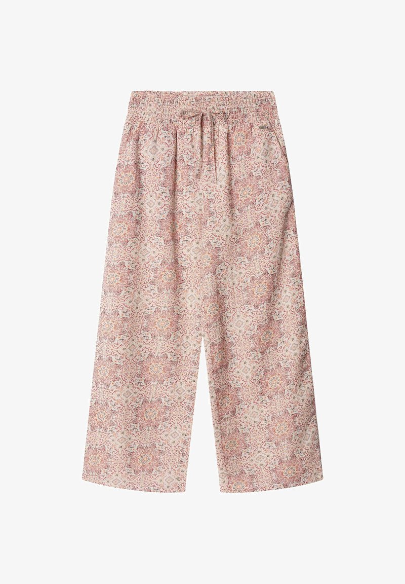 Pantalon à jambes larges avec taille élastique et cordon de serrage, présentant un motif floral et géométrique complexe en rose et beige.