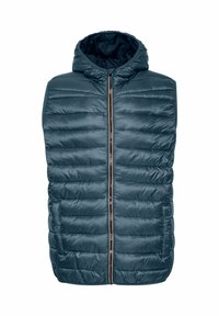 Chaleco acolchado de tela en azul oscuro con capucha, cremallera frontal y bolsillos laterales; patrón acolchado y textura suave.