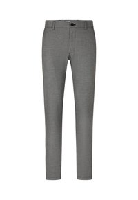 Grijze op maat gemaakte broek van gestructureerde stof. Voorzien van een knoopsluiting, steekzakken en taps toelopende pijpen voor een gestroomlijnde pasvorm.