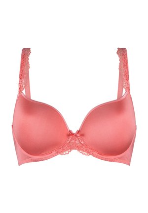 Coral bra with lace trim on straps, smooth cups, and a delicate bow at the center. Features a seamless design and adjustable straps.