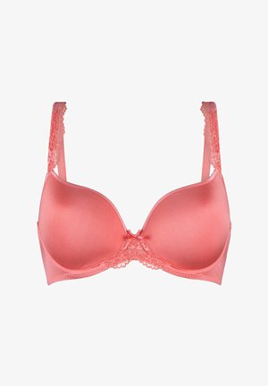 Korallefarbener BH mit Spitzenbesatz an den Trägern, glatten Cups und einer zarten Schleife in der Mitte. Besitzt ein nahtloses Design und verstellbare Träger.