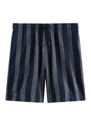 Navy blue knit shorts with vertical light gray stripes and an elastic waistband featuring a black drawstring.
