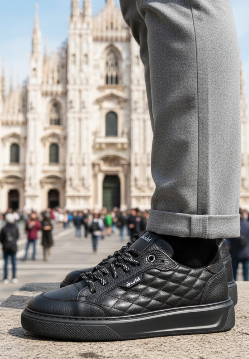 Czarne pikowane skórzane sneakersy z okrągłym noskiem, czarnymi sznurówkami i grubą czarną gumową podeszwą, zestawione z szarymi zwężanymi spodniami.