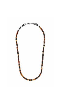 Bead-Halskette mit runden, mehrfarbigen Steinen in Braun, Orange und Schwarz. Schwarzes Metallzubehör mit einem Karabinerhaken hinten.