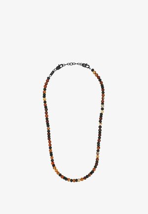 Beaded necklace featuring round multi-toned stones in brown, orange, and black. Black metal hardware with a lobster clasp at the back.