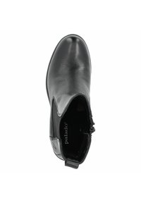 Black leather ankle boot with a rounded toe, side elastic and zipper closure, featuring a smooth texture and subtle branding inside.
